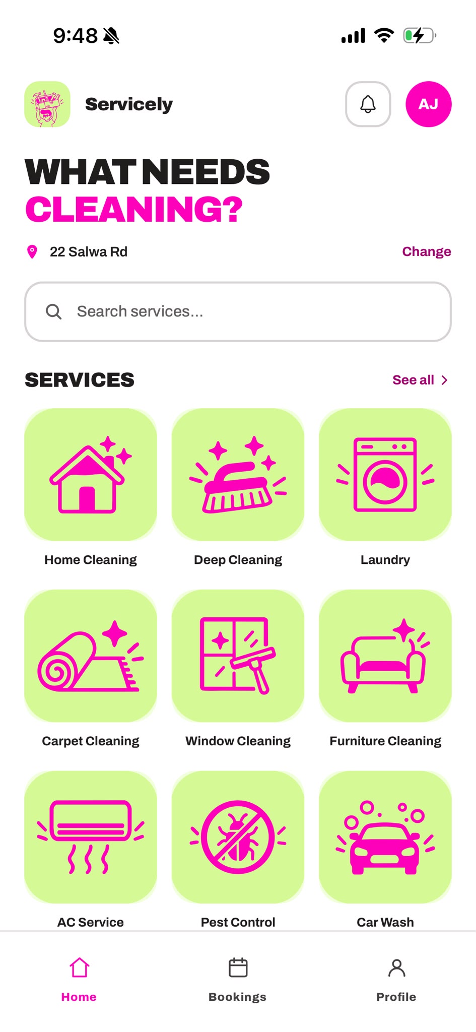 Servicely app home screen